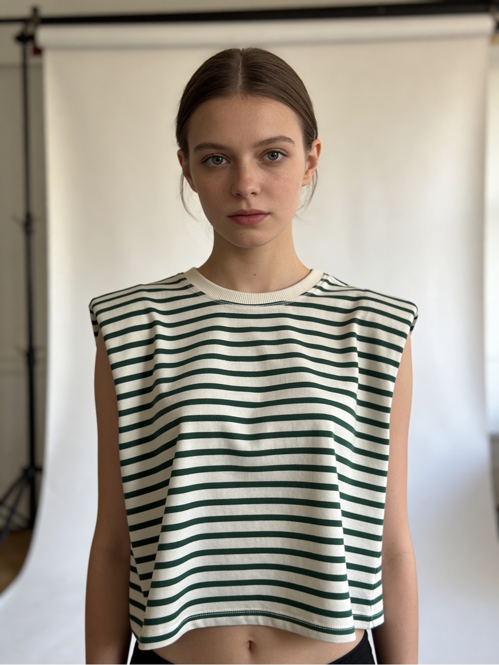 Miou Muse Stripe Pattern Slub Sleeveless Tee Green White L